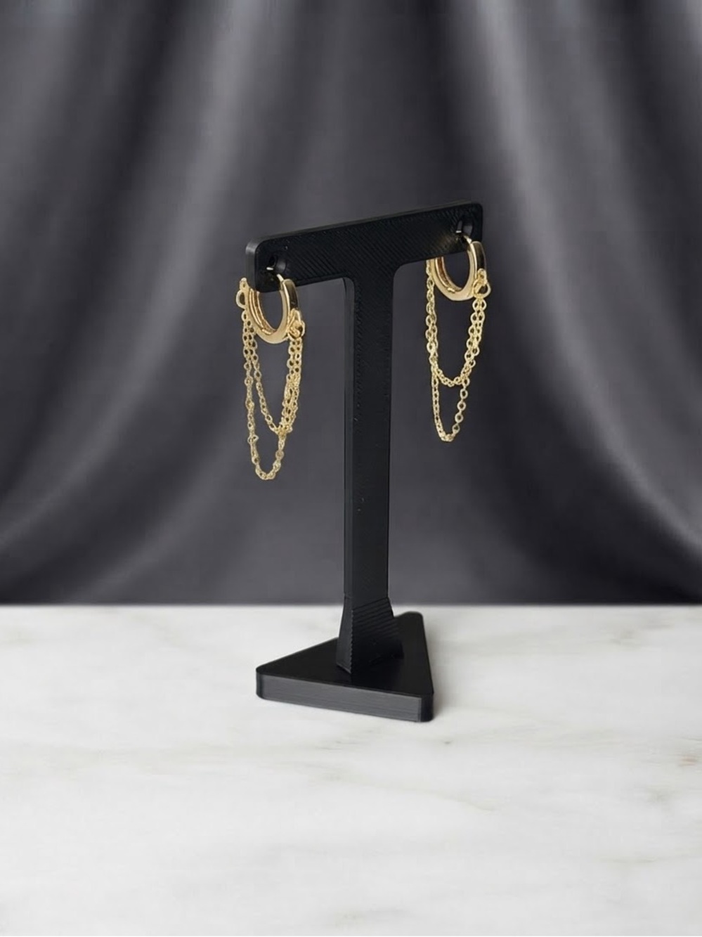 Small Gold Plated Huggie Hoop Earrings with Draping Chains - Picture 3 of 4